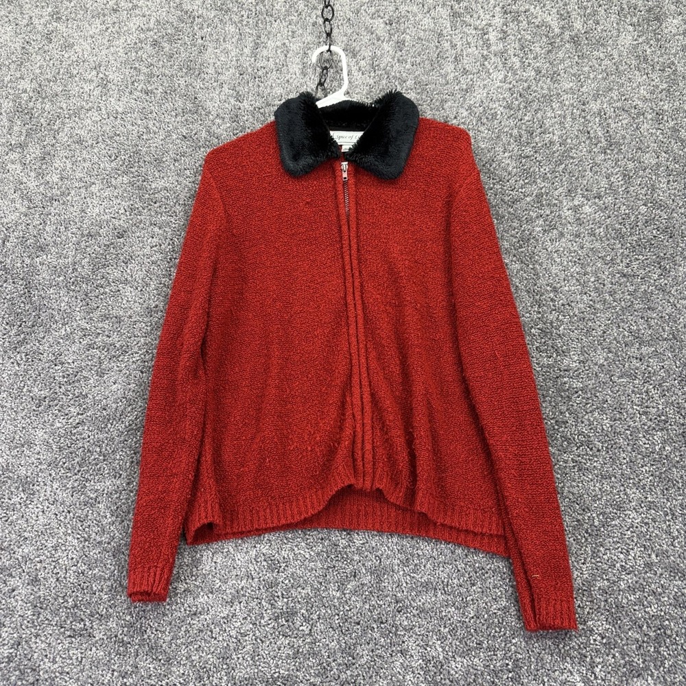 Spice Of Life Sweater Womens Medium Red Full Zip Faux Fur Collar Knit Casual